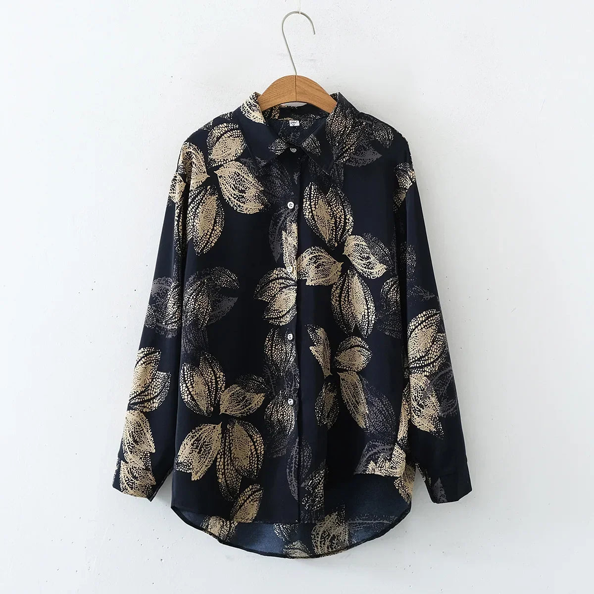 Vintage Leaf Print Blouse – Long Sleeve Button Down Casual Shirt for Women