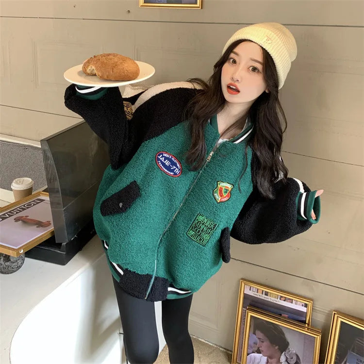 Oversized Green Baseball Jacket for Women – Zip-Up Bomber Coat Y2K Streetwear