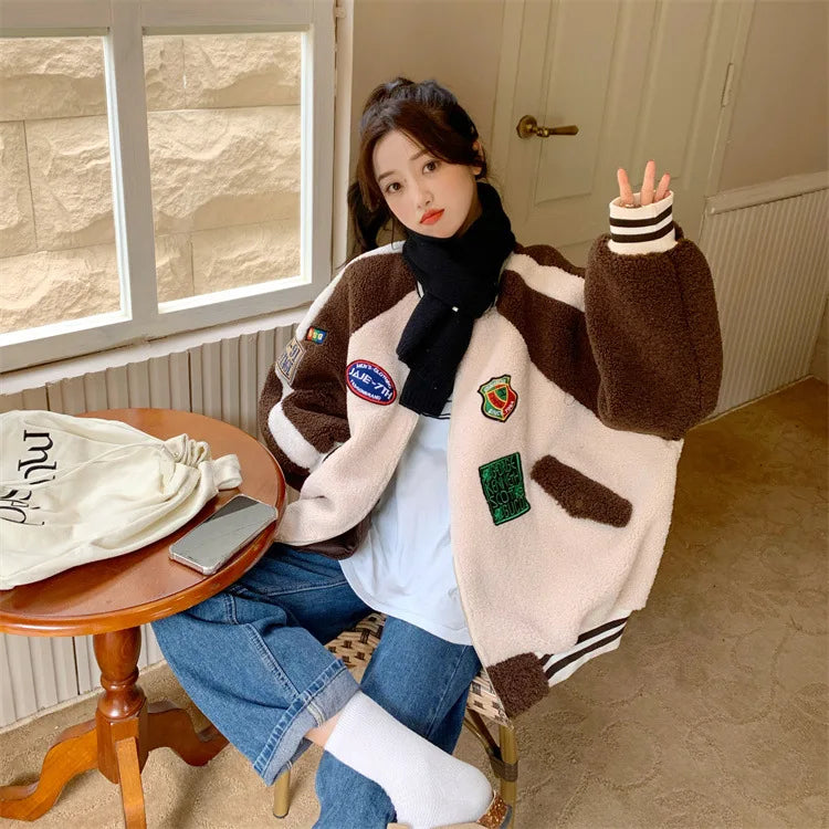 Oversized Green Baseball Jacket for Women – Zip-Up Bomber Coat Y2K Streetwear