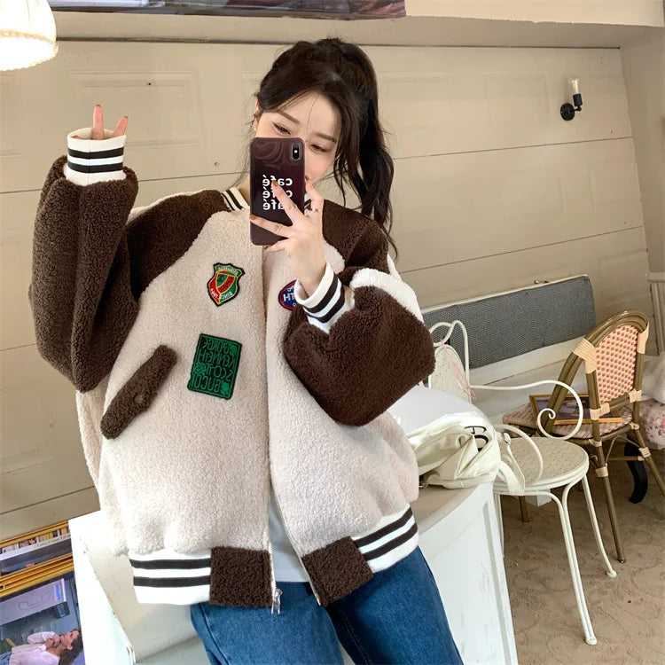 Oversized Green Baseball Jacket for Women – Zip-Up Bomber Coat Y2K Streetwear
