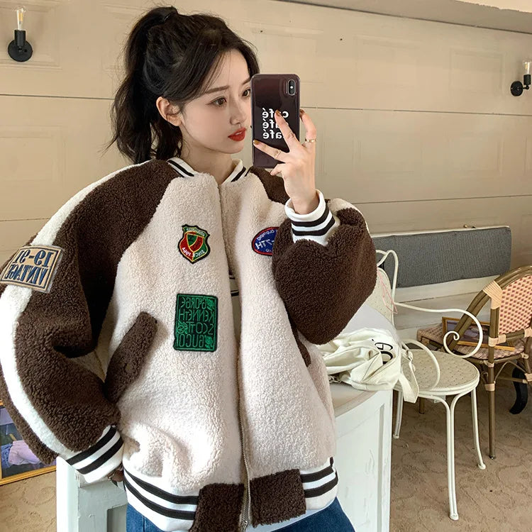 Oversized Green Baseball Jacket for Women – Zip-Up Bomber Coat Y2K Streetwear