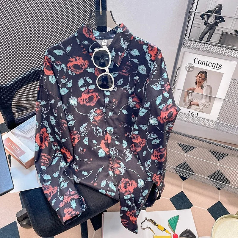 Vintage Leaf Print Blouse – Long Sleeve Button Down Casual Shirt for Women
