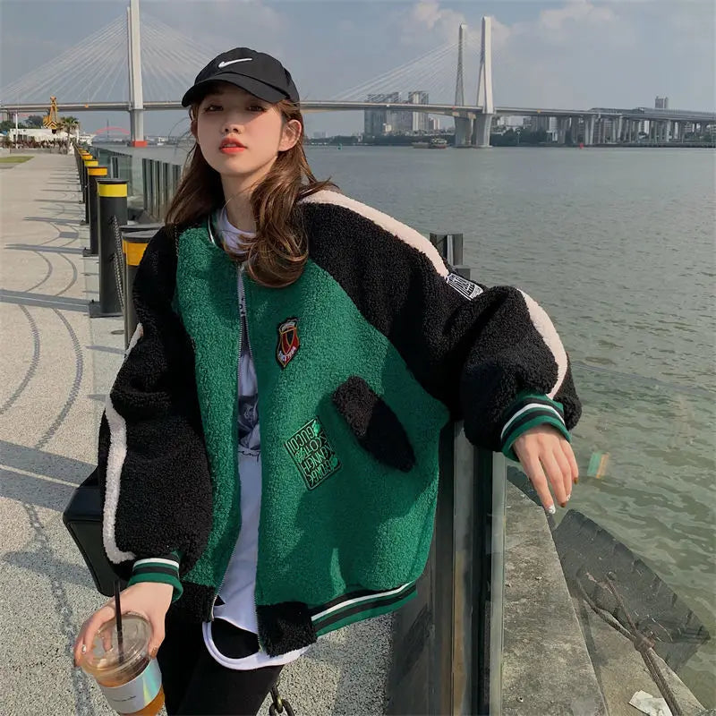 Oversized Green Baseball Jacket for Women – Zip-Up Bomber Coat Y2K Streetwear