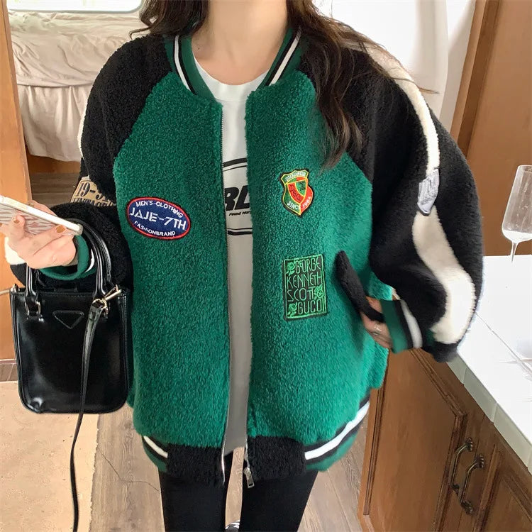 Oversized Green Baseball Jacket for Women – Zip-Up Bomber Coat Y2K Streetwear