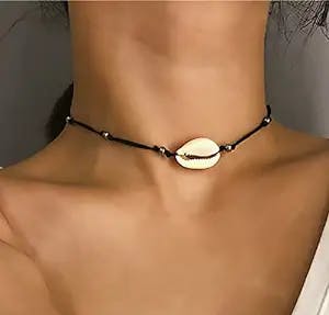 Chennie Boho Cowrie Shell Choker Necklace Beach Puka Seashell Necklaces Black Adjustable Rope Chain Jewelry for Women and Girls