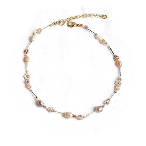 Beaded pearls necklace Choker Flowers Daisy Chain Y2K Freshwater pearl jewelry 14 KT Gold Filled Rose gold, cream, white, beige brown