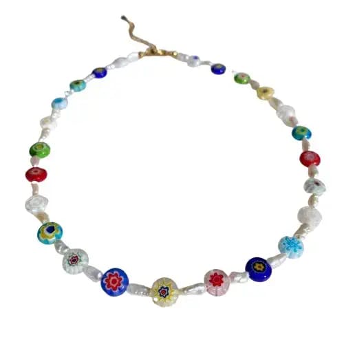 Millefiori Glass Necklace & Tiny Freshwater Pearl Necklace - Murano Glass C