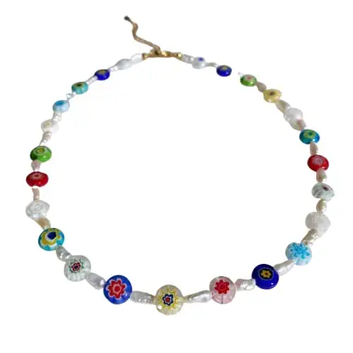 Millefiori Glass Necklace & Tiny Freshwater Pearl Necklace - Murano Glass C