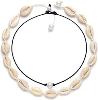 Shell Pearl Choker Necklace for Women Girls Puka Seashell Necklaces Set for Womens Teen Girls Summer Beach Necklaces White Pearl Chokers