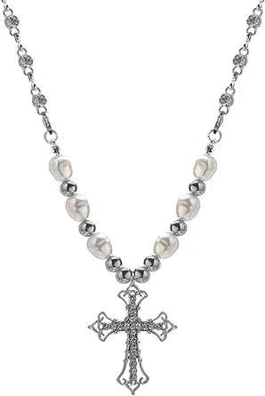 The Ultimate Y2K Grunge Piece: Cross Pattern Pearl Necklace