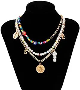 Oyalma Y2K Rainbow Bead Pearl Short Choker Necklace For Women Boho Layered Coin/Shell Pendants Necklace Set 2021 Fashion Jewelry Collar - Colorful