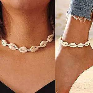 Chennie Boho Cowrie Shell Choker Necklace Beach Puka Seashell Necklaces Adjustable Rope Jewelry with Anklets for Women and Girls (A Ivory)