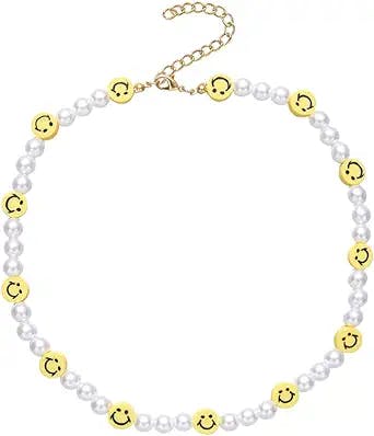 Smiley Face Pearl Choker Necklace Cute Flower Pearl Necklace Love Fruit Animal Dessert Hademade Y2K Necklace for Teen Girls Women