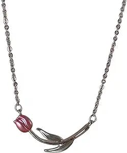 Vintage Tulip Necklace Flower Aesthetic Jewelry For Women/Mom/Girls Y2K Necklace Pink Enamel Tulip Wedding Chokers