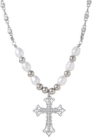 Crystal Cross Necklace Big Y2k Pearl Cross Necklace Stainless Steel Bead Bling Chain Irregular Cool Punk Vintage Pendant Necklace for Women Downtown Girls