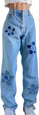 Women's Y2K Fashion Wide Leg High Waist Denim Pants Boyfriend Jeans Loose Fit Baggy Jeans for Teen Girls Flower Embroidery
