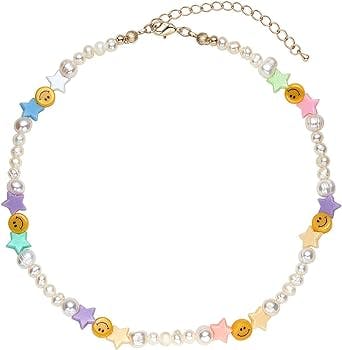 Smiley Face Beaded Pearl Necklace Y2k Star Beaded Handmade Charm Choker Necklace For Women Colorful Boho Y2k Necklace(smiley face star choker)