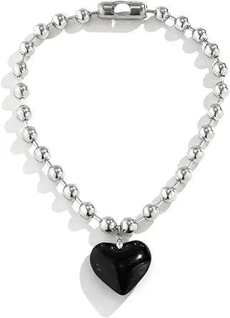 Children of Light Chunky Big Glass Heart Necklaces - 17.7+2.7 inch Black Rope Chain Harajuku Cool Aesthetic Choker y2k Jewelry Accessories Gifts for Women Girls