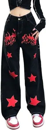 Bopoft Cute Baggy Jeans Y2K for Girls Star Printed Low Waist Pants with Classic Bell Bottoms 2000S Streetwear