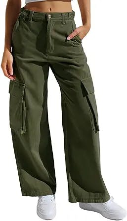 Allytok Cargo Pants for Women with Pockets Y2K Streetwear Baggy High Waist Wide Leg Trousers