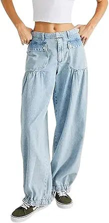 CHARTOU Women's Baggy Denim Cargo Pants Parachute Jogger Harem Jeans Trousers