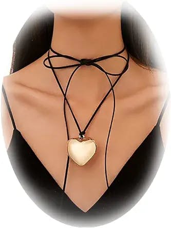 Sgoeths Chunky Heart Necklace For Women Gold Big Heart Pendant Long Wrap Tie Choker Adjustable Chain Puffy Heart Necklace for Teen Girls Y2K Trendy Jewelry Accessories