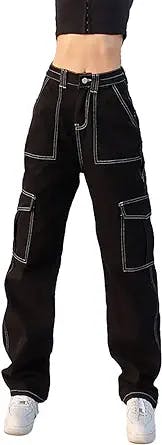 MOMEITU Harajuku Women's Pants Street Pockets Contrast Color Loose Thin Straight Denim Trousers Jeans Women