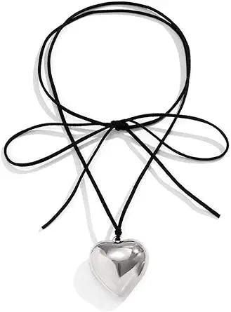 Heart Pendant Necklace Chocker Y2K Trend (Silver)