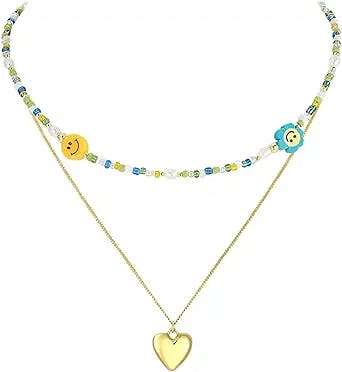 THOKUNA 14K Gold Plated Love Heart Y2K Layered Pearl Choker Necklace Smile Colorful Beaded Necklace