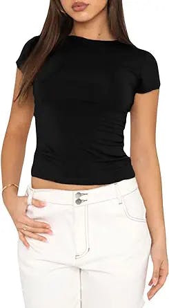 Women Y2k Basic Short Sleeve Top Solid Slim Fitted Shirt Tee Crew Neck E Gir Crop Top Blouse Streetwear Aesthetic
