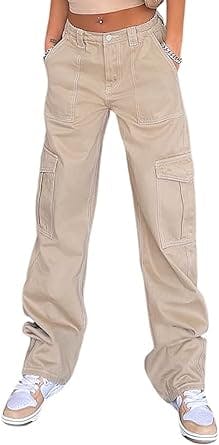Women Vintage Cargo Pants High Waist Straight Wide Leg Baggy Jeans Y2K Denim Trousers Multi Pockets