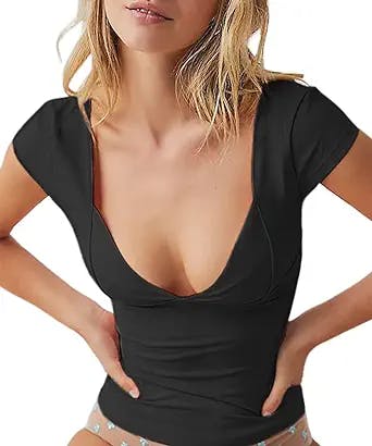 Yeenily Womens Deep V Neck Crop Tops Y2k Backless Sexy Short Sleeve Low Cut T-Shirts Causal Slim Fit Tee Summer Crop Cami