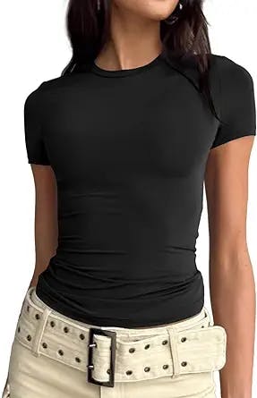 LEEDYA Women Basic Solid Crop Tops Short Sleeve Round Neck Shirt Workout Slim Fit T-Shirt Y2K