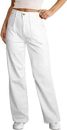 Allytok Cargo Pants for Women with Pockets Baggy High Waist Wide Leg Y2K Going Out Trousers White