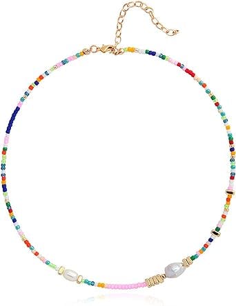 Colorful Beaded Necklace for Women Beaded Pearl Choker Necklace for Teen Girls Stainless Steel 18K Gold/Silver Plated Necklace Y2K Trendy Pearl Necklace for Women Gift
