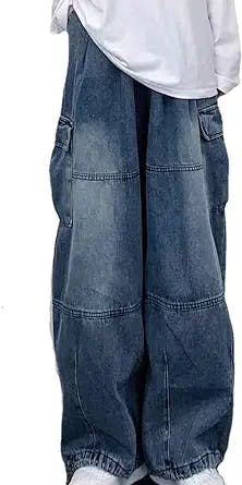 Women's Grunge Baggy Jeans Y2K Wide Leg Cargo Denim Pant Emo Fairycore High Waist Jogger Sweatpants Alt Punk Clothing