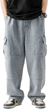 PAODIKUAI Men's Patchwork Jeans Loose Baggy Hip Hop Wash Straight Leg Denim Cargo Pants
