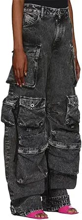 Women's High Waisted Baggy Cargo Jeans Straight Wide Leg Y2K Cargo Denim Pants with Flap Pockets Streetwear