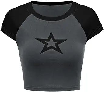 Verdusa Women's Casual Short Sleeve Crewneck Star Print Colorblock T-Shirt Crop Tee Tops