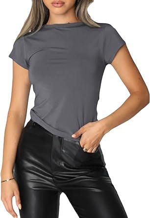 Womens Short Sleeve Crop Top Slim Fit Solid Color Shirt Top Basic Plain Y2k Going Out Tee Top Streetwear