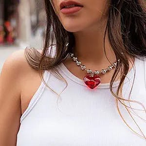 Kenjudess Punk Metal Bead Ball Choker with Acrylic Heart Charm Pendant Boho Colorful Chunky Heart Necklace Y2K Huggie Collar Necklace for Women and Girls (Red)