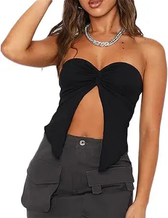 Women Sexy Strapless Tube Top Summer Y2k Going Out Tops Twist Knot Split Front Bandeau Crop Shirt