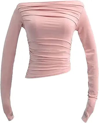 MASSWO Y2k Off Shoulder Shirt Pink Crop Top Long Sleeve Slim Fit Tees Cropped Summer Tshirts
