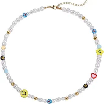 SLOONG Y2K Necklace Smiley Face Pearl Choker Necklace Summer Rainbow Polymer Clay Vsco Beads Necklace Colorful Boho Cute Handmade Jewelry for Teen Girls Women