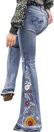 Elastic Waist Jeans for Women,Classic Fashion Wide Leg Trousers Embroidered Trousers Cotton Denim Flared Trousers