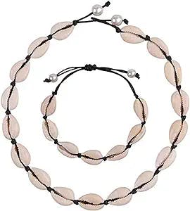 VIEEL Natural Shell Choker Necklace Seashell Necklace Adjustable Puka Shell Necklace Bracelets Set Hawaiian Jewelry for for Women Men Girls Ladies