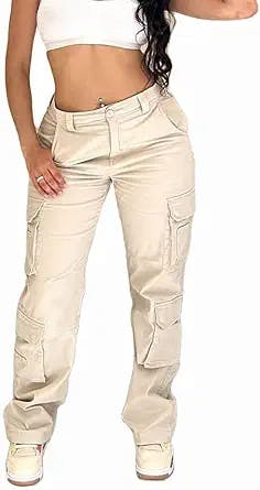 Vintage Cargo Pants Baggy Jeans Women Fashion 90s Streetwear Pockets Wide Leg High Waist Straight Y2k Denim Trousers Overalls (as1, Alpha, s, Regular, Regular, Ivory)