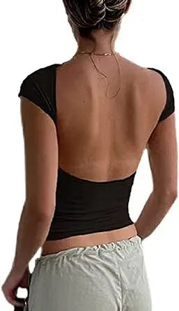 Women Backless T-Shirt Y2k Short Sleeve Crew Neck Crop Tee Top Open Back Slim Fit Blouse Tops