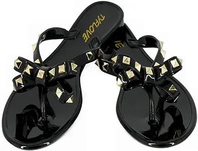 TYFLOVE Women Rivet Flip Flops Studded Jelly Thong Sandals with Bow Summer Bowtie Flat Beach Rain Shoes