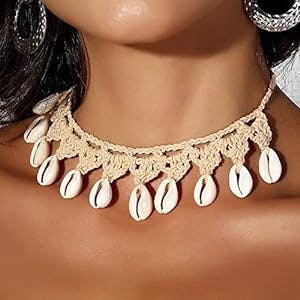 Chennie Boho Cowrie Shell Choker Necklace Khaki Handmade Adjustable Rope Necklaces Beach Seashell Chain for Women and Girls